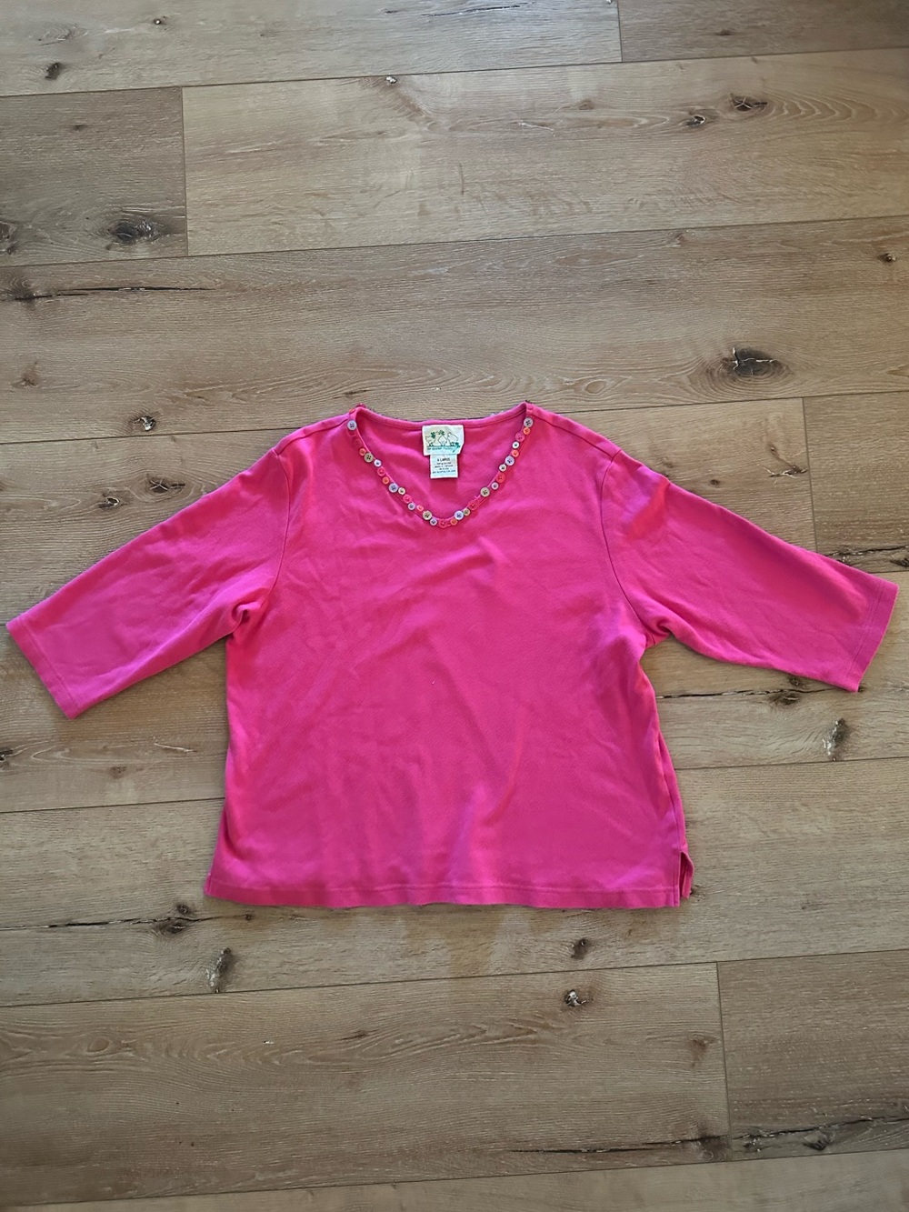 Quacker Factory Pink Button Trim Top XL Cottagecore Coastal Grandma 3/4 Sleeve